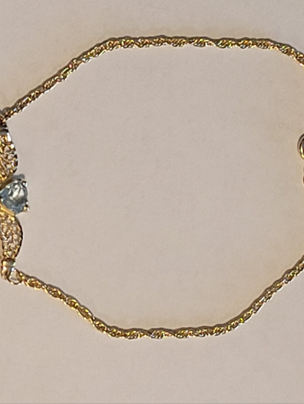 14K Yellow Gold Very Denty Bracelet with Light Blue Heart Stone Pendant,7" Long - Picture 4 of 9